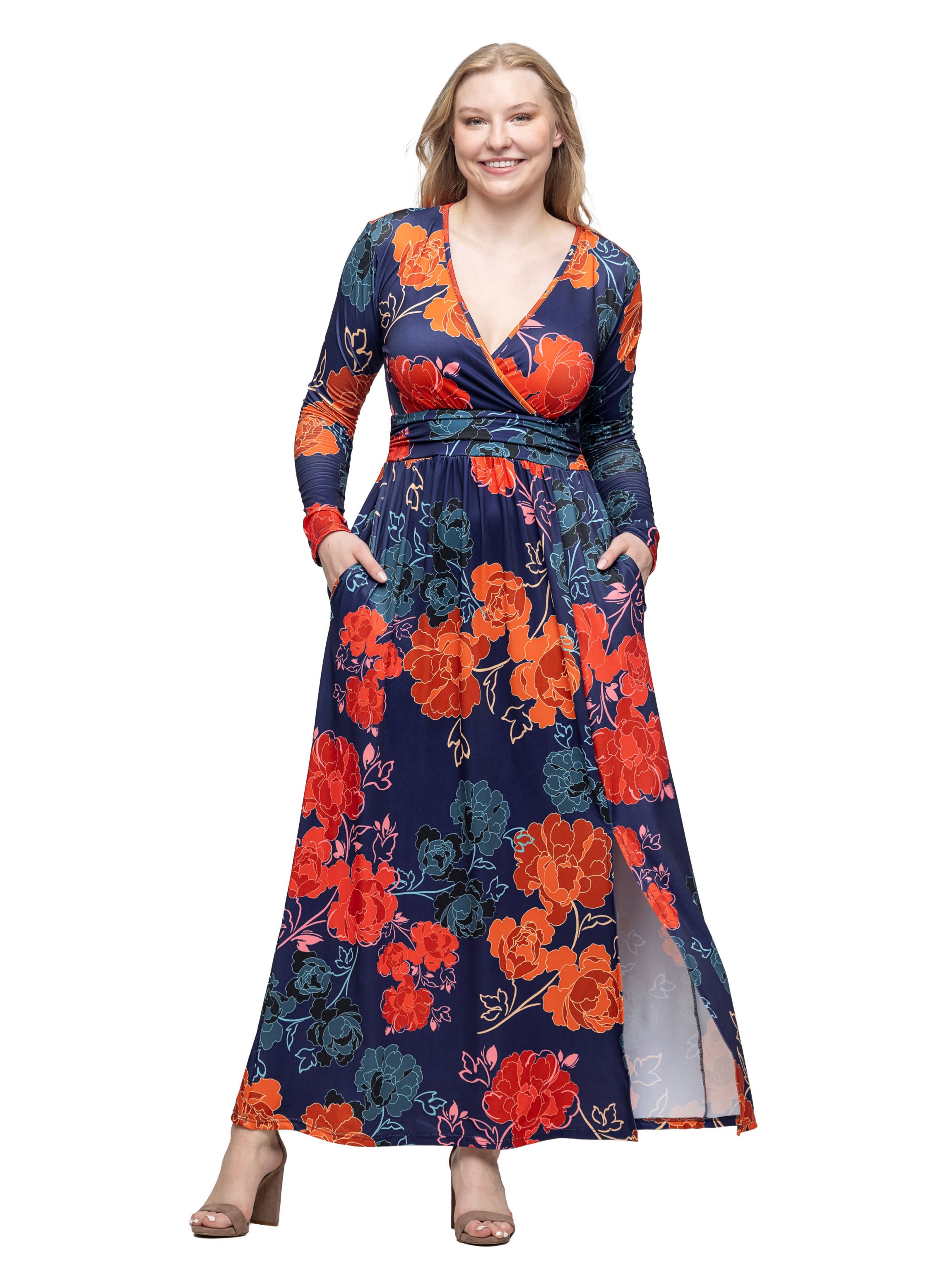Womens Navy Floral Print Long Sleeve Side Slit Maxi Dress