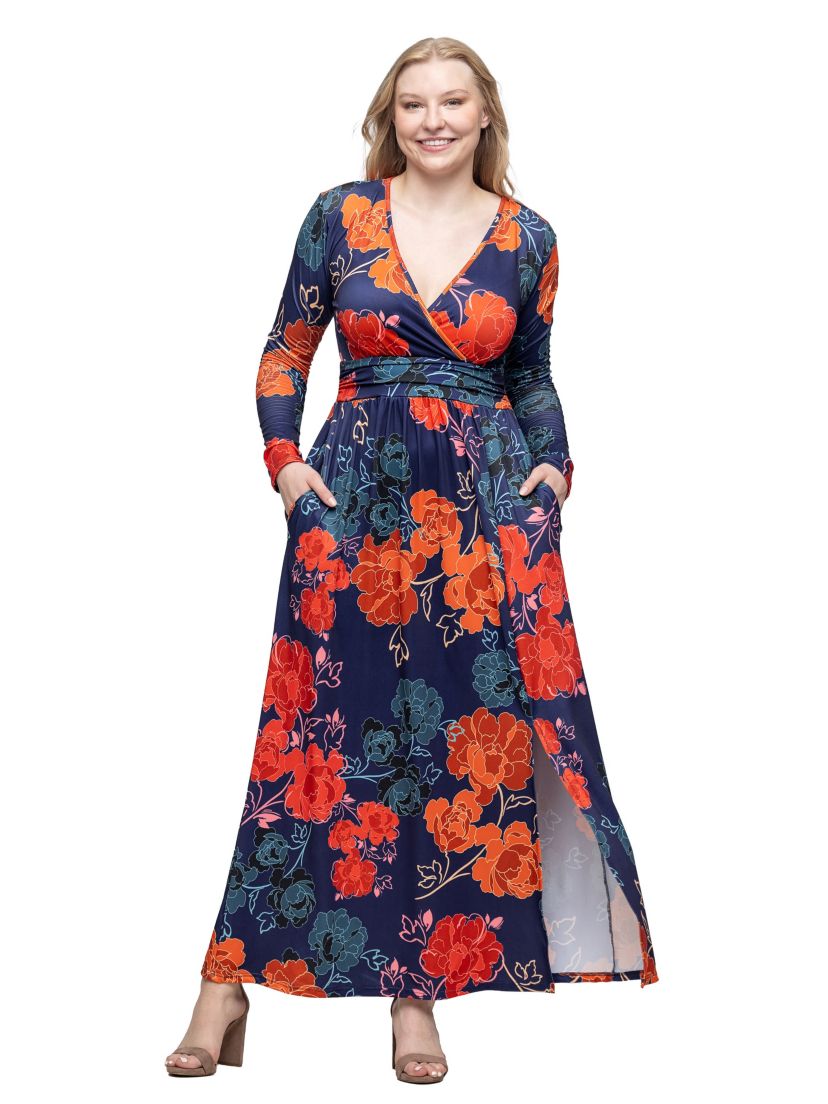 Womens Navy Floral Print Long Sleeve Side Slit Maxi Dress