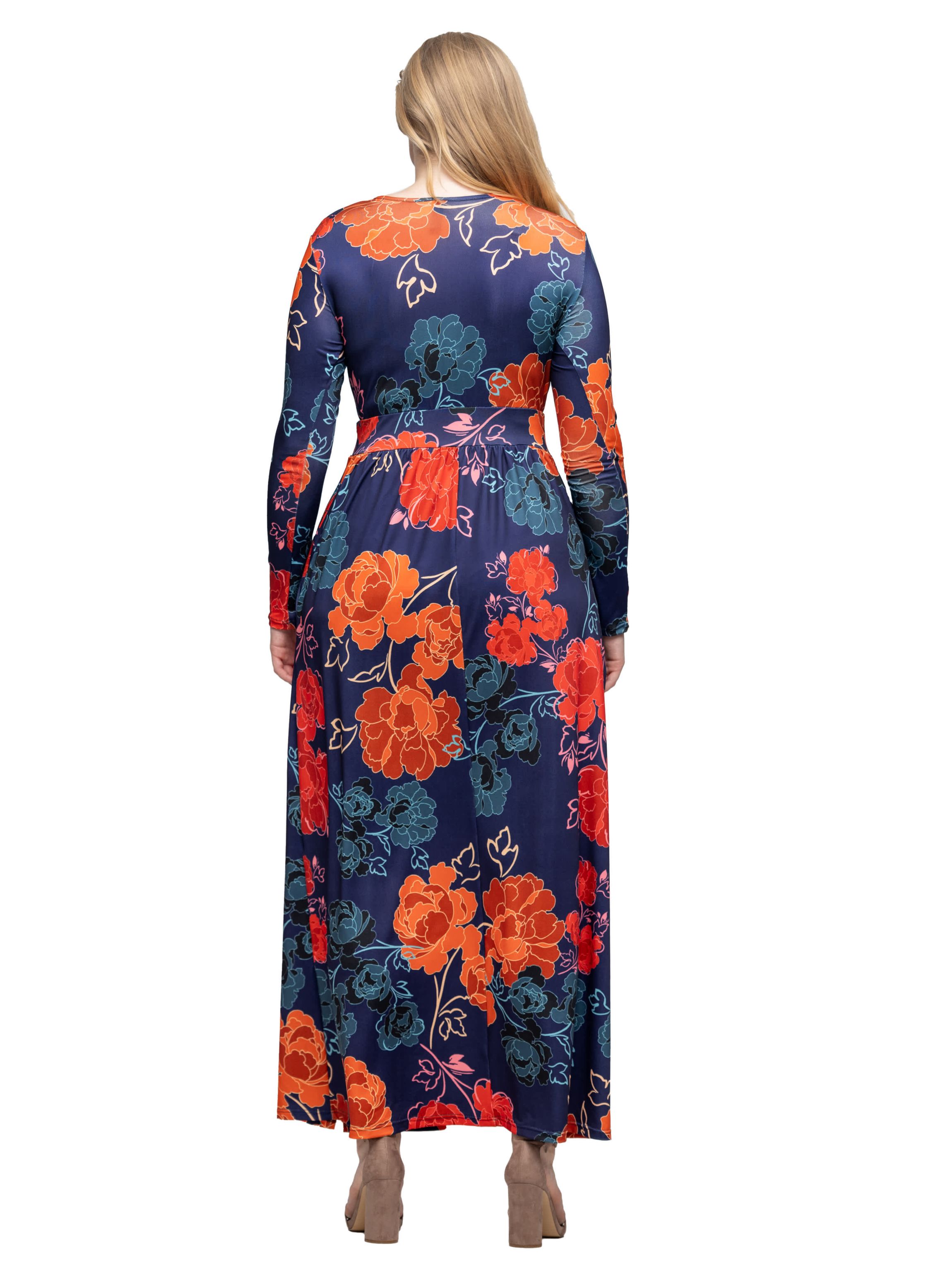 Womens Navy Floral Print Long Sleeve Side Slit Maxi Dress