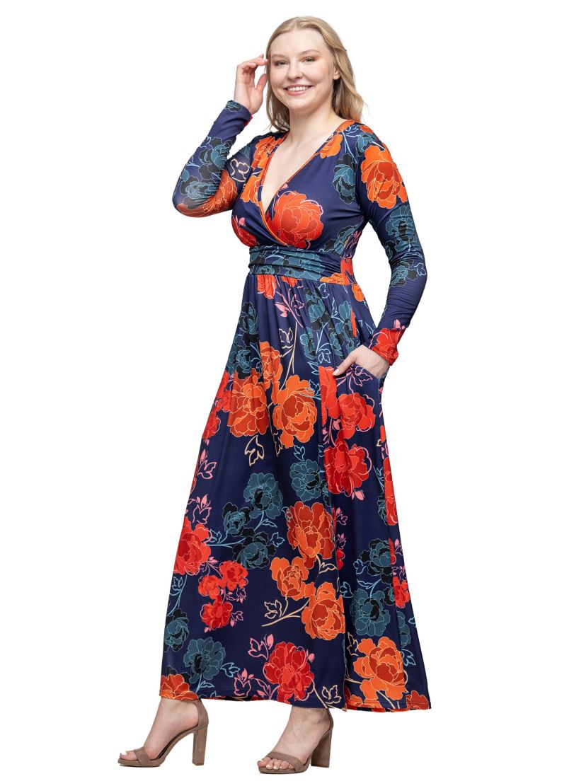 Womens Navy Floral Print Long Sleeve Side Slit Maxi Dress