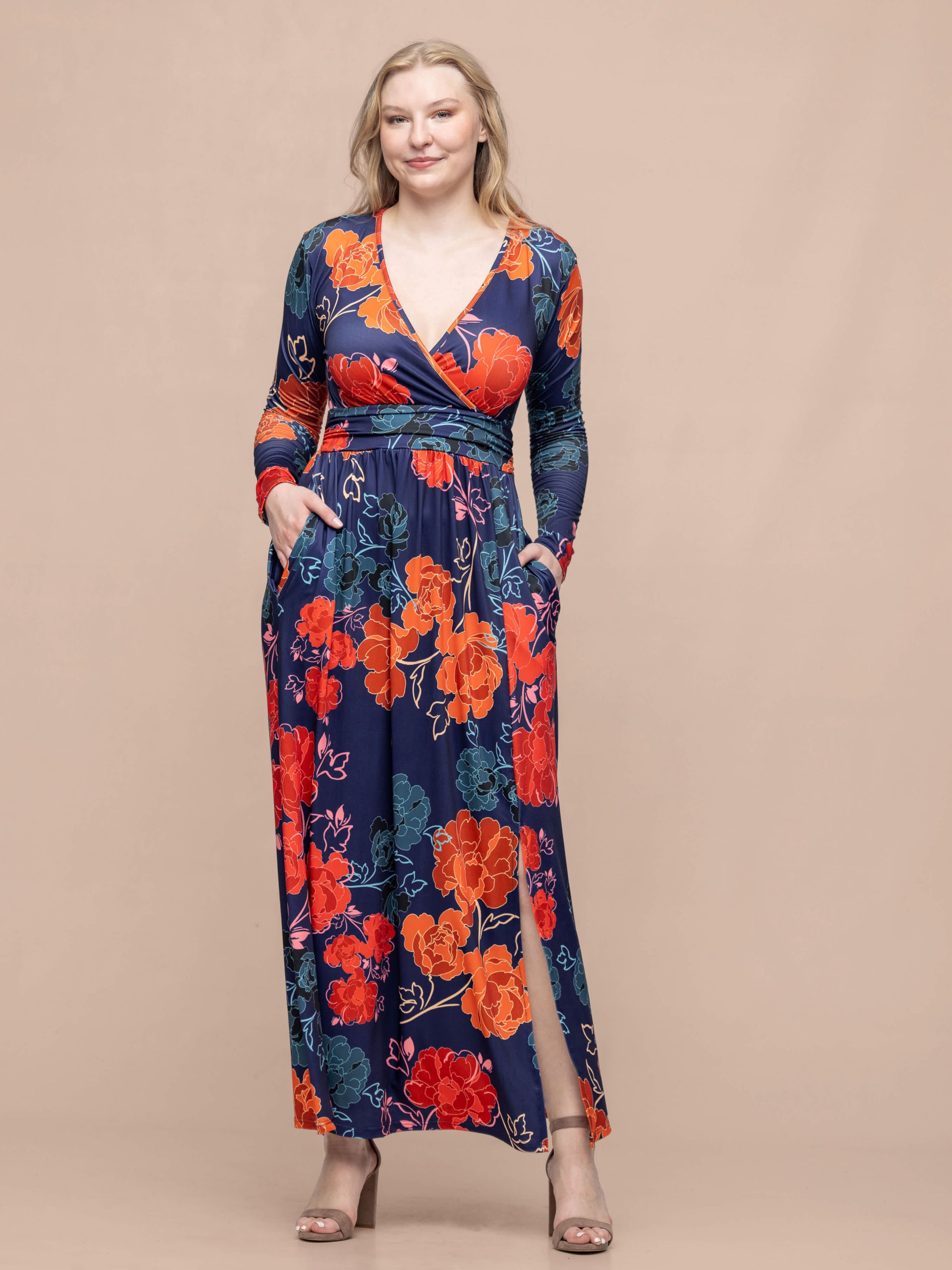 Womens Navy Floral Print Long Sleeve Side Slit Maxi Dress