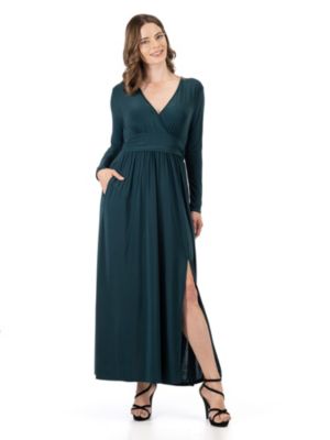 24seven Comfort Apparel Women's Long Sleeve V Neck Side Slit Maxi Dress