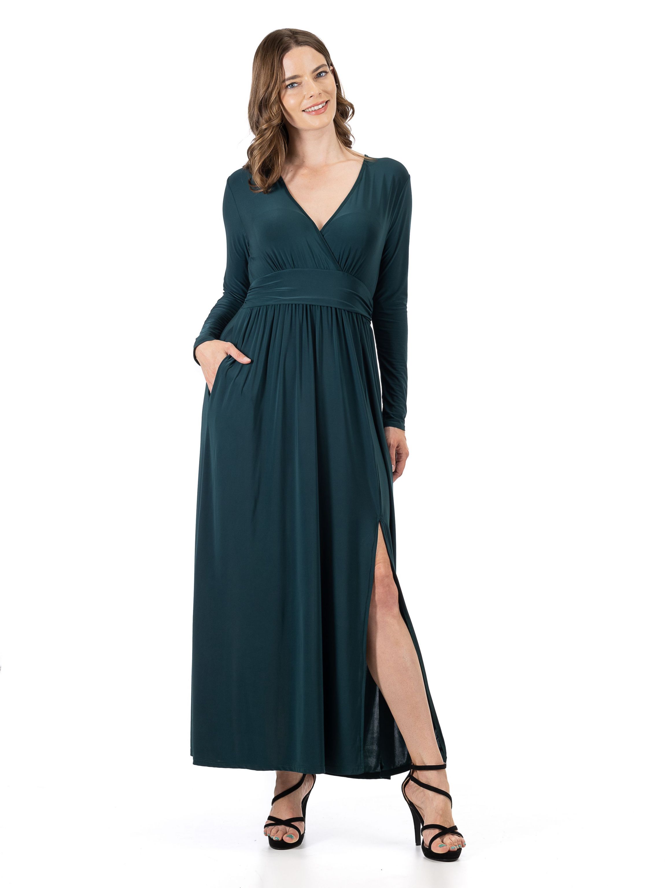 Long Sleeve V Neck Side Slit Maxi Dress
