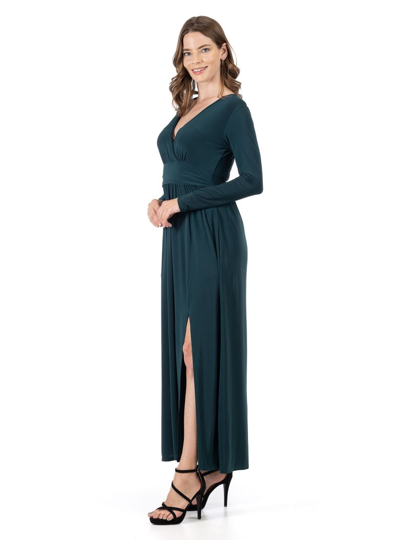 Long Sleeve V Neck Side Slit Maxi Dress