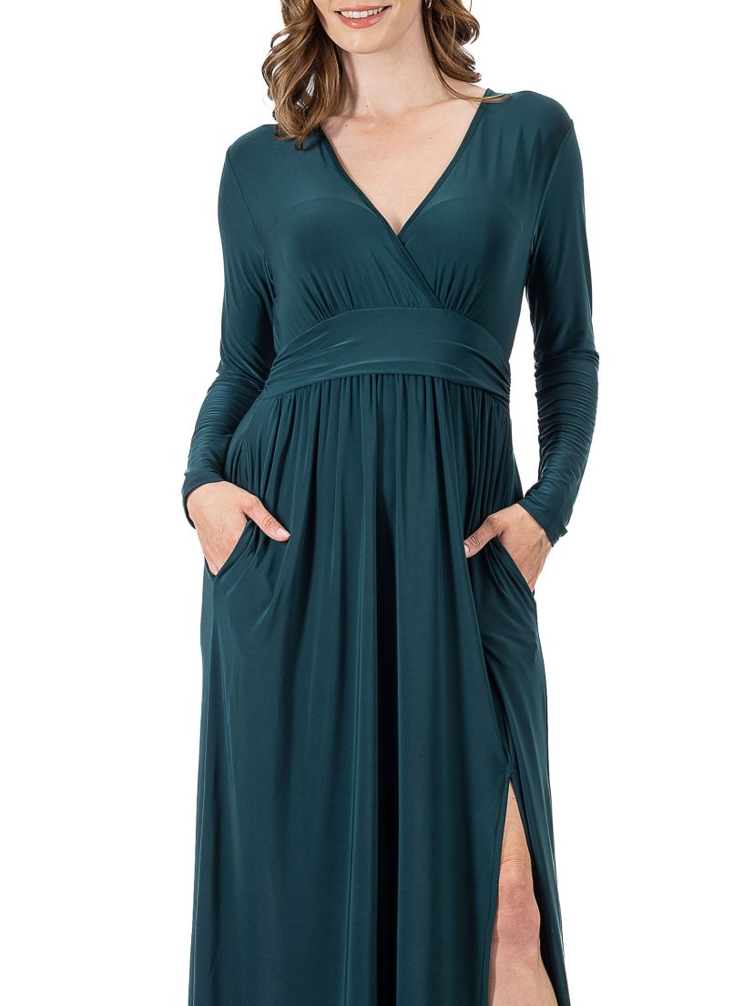 Long Sleeve V Neck Side Slit Maxi Dress