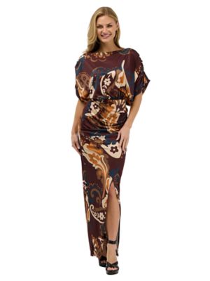 24seven Comfort Apparel Elevate Womens Boat Neck Batwing Sleeve Bodycon Front Slit Long Maxi Dress