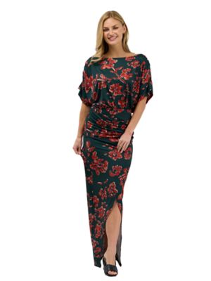 24seven Comfort Apparel Elevate Womens Floral Short Batwing Sleeve Boat Neck Ruched Waist Long Maxi Dress