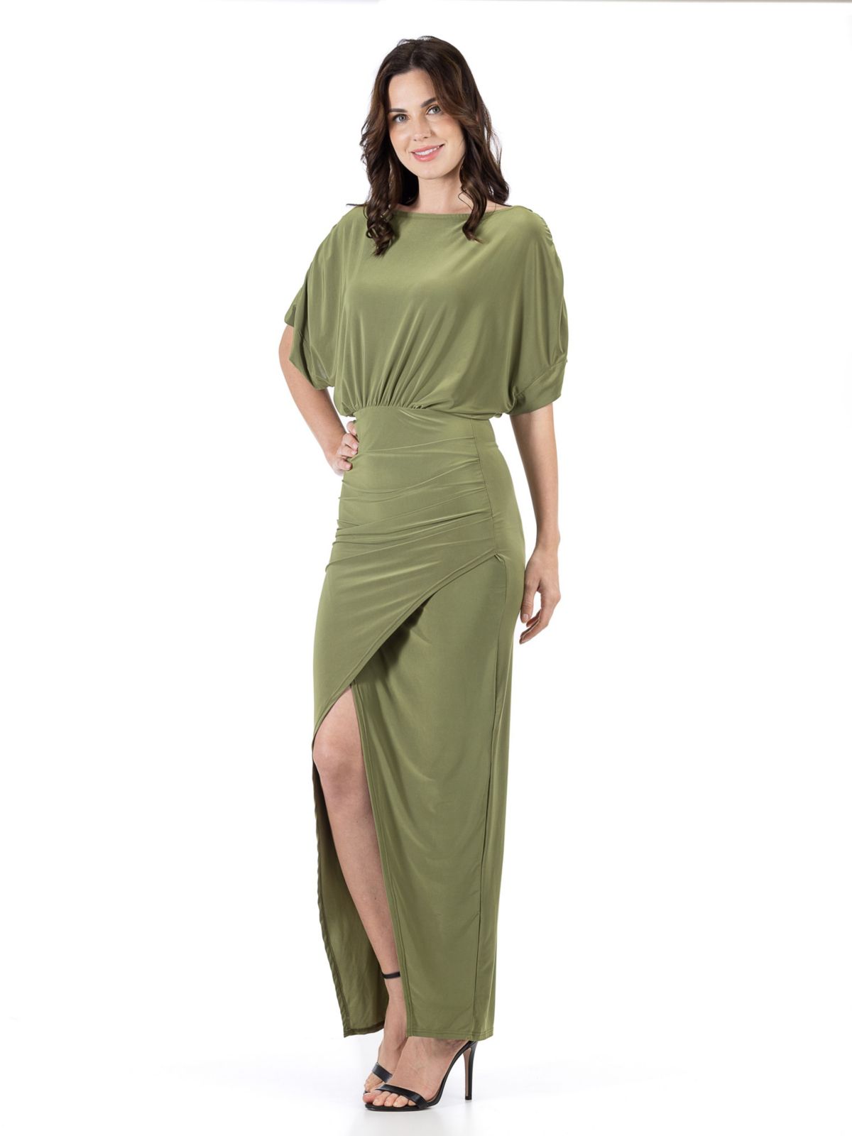 Long Sleeve V Neck Side Slit Maxi Dress