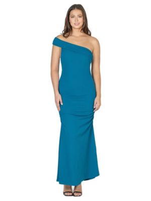 24seven Comfort Apparel Women's Formal One Shoulder Rouched Mermaid Maxi Dress, Teal, Small