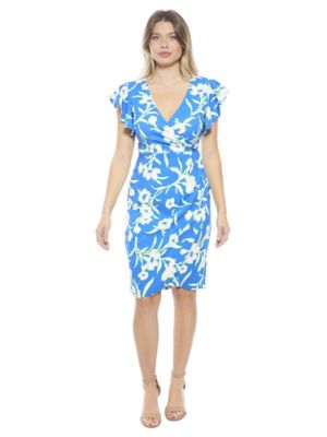 24seven Comfort Apparel Womens Floral Flutter Sleeve Faux Wrap Knee Length Dress