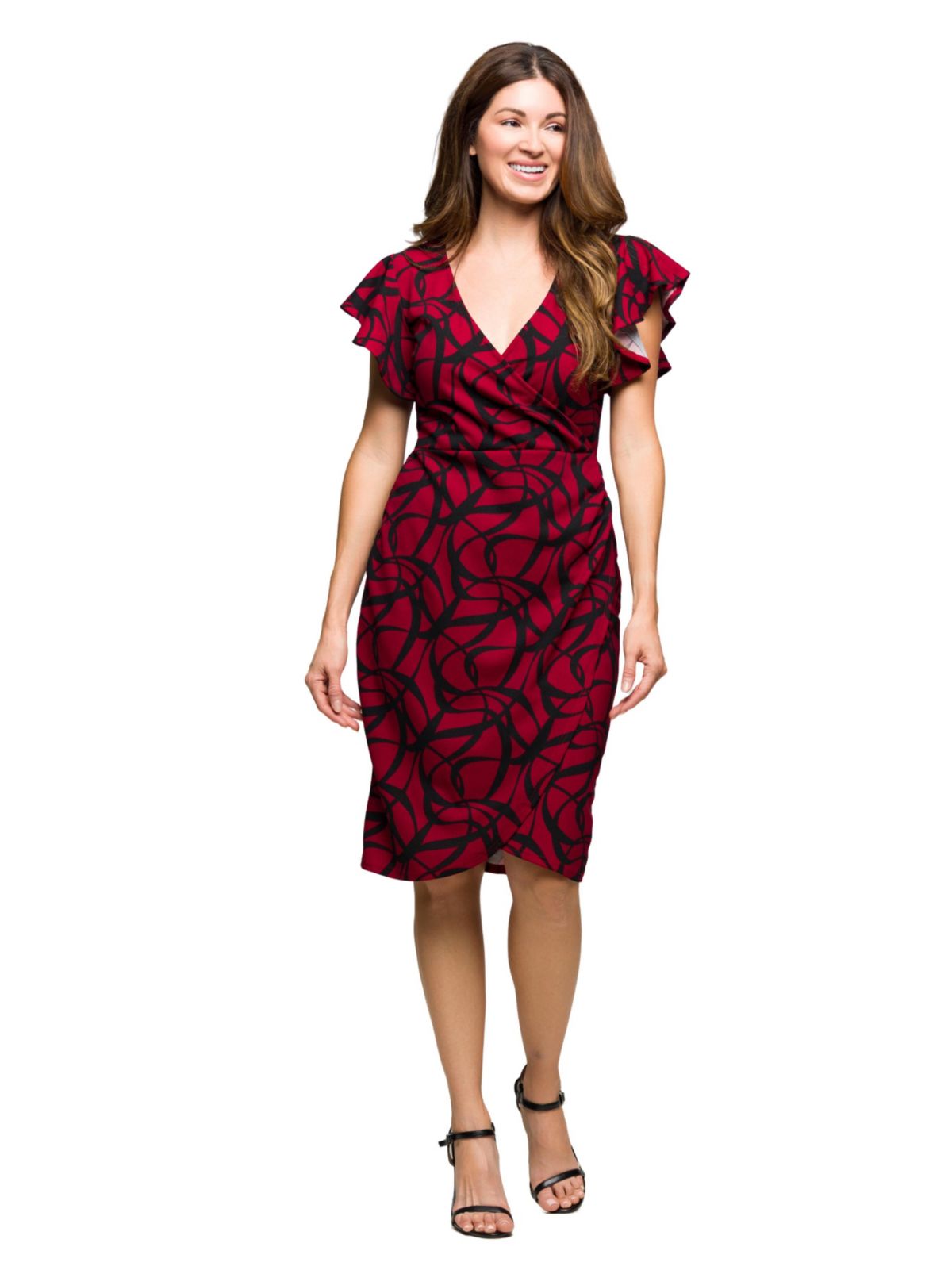 Womens Burgundy Print Flutter Sleeve Faux Wrap Dress