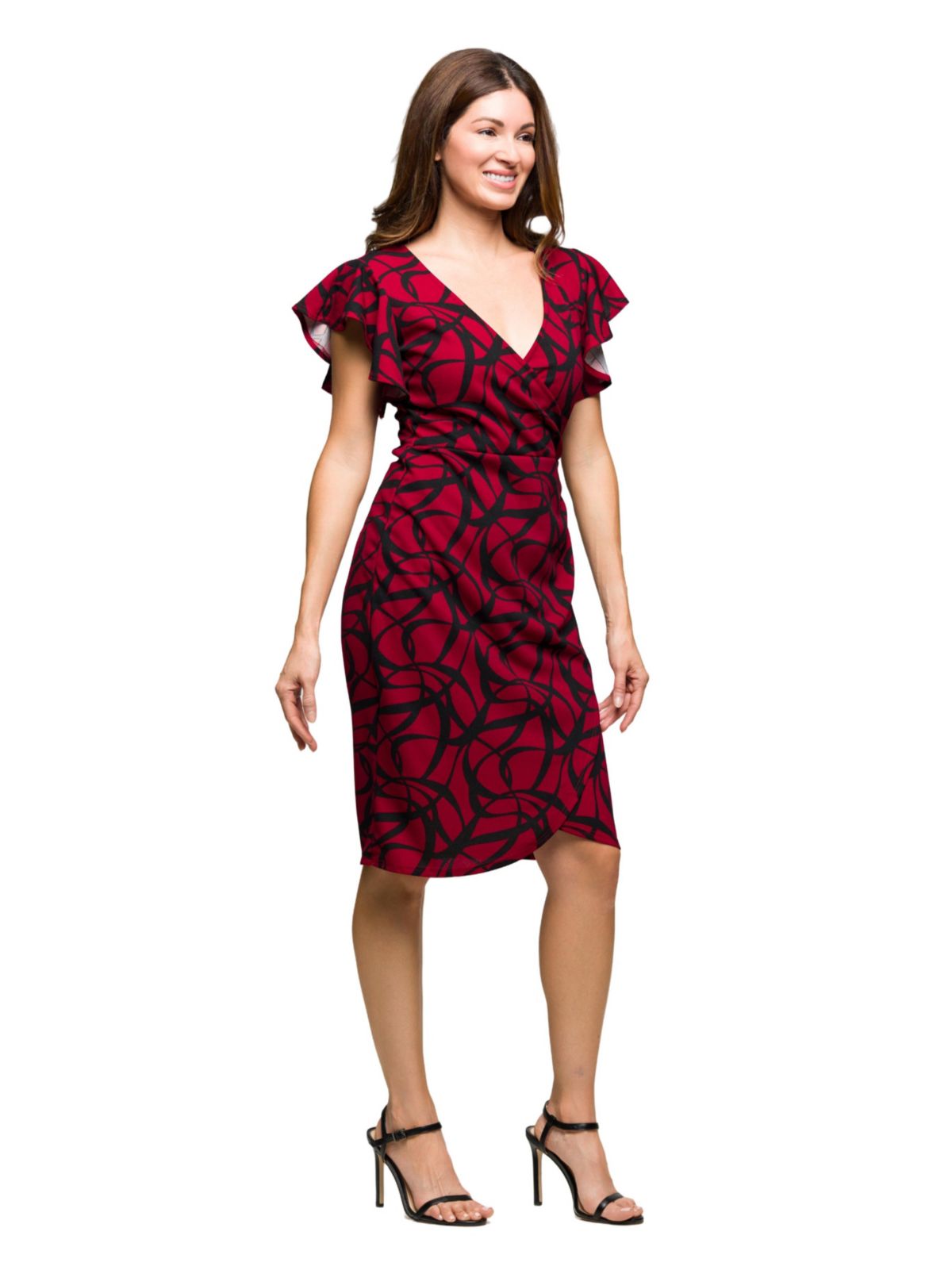 Womens Burgundy Print Flutter Sleeve Faux Wrap Dress