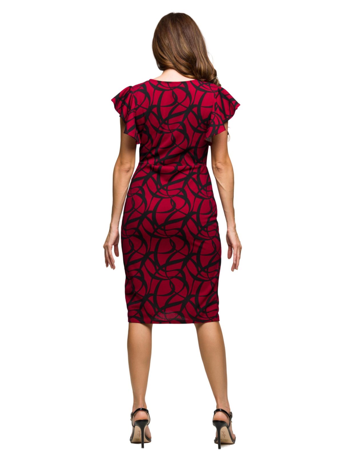 Womens Burgundy Print Flutter Sleeve Faux Wrap Dress