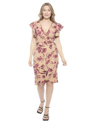 24seven Comfort Apparel Womens Floral Flutter Sleeve Faux Wrap Knee Length Dress