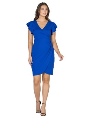 24seven Comfort Apparel Women's V Neck Ruffle Sleeve Knee Length Dress