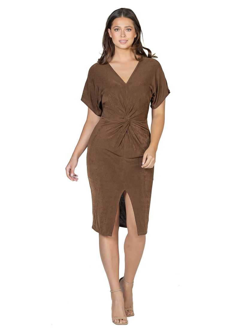Short Sleeve V Neck Twist Front Split Hem Dress
