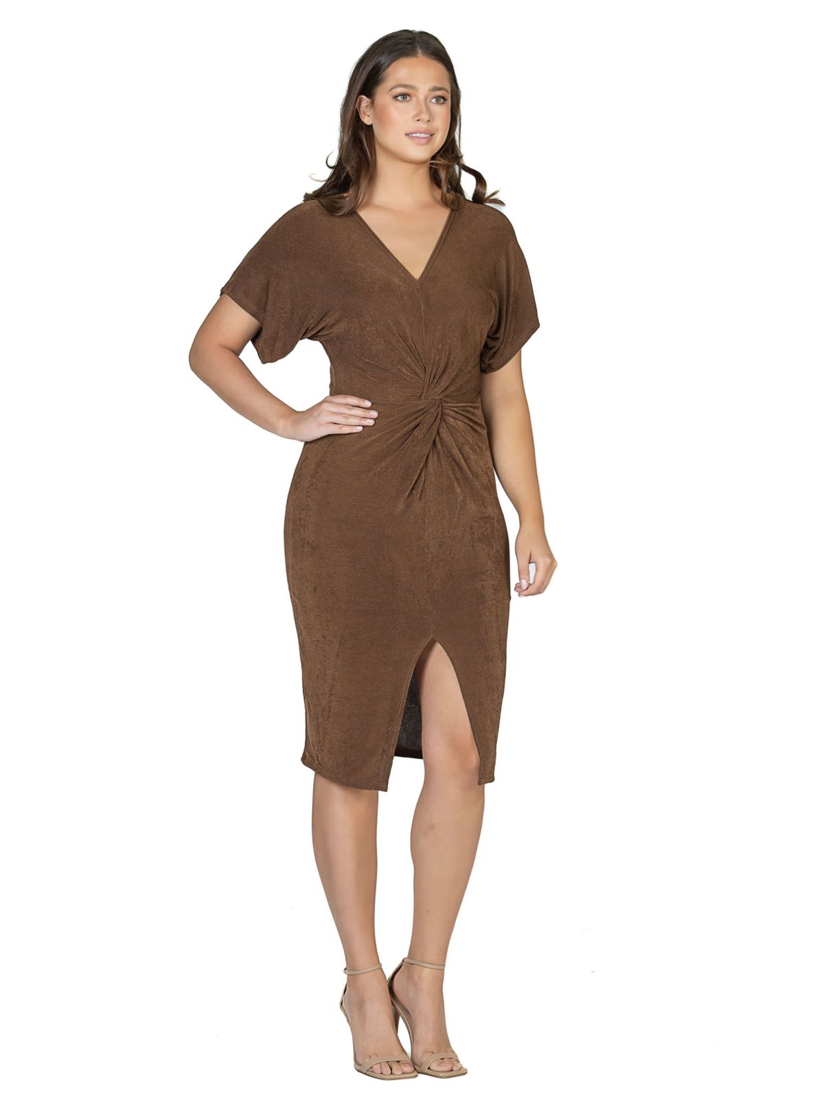 Short Sleeve V Neck Twist Front Split Hem Dress