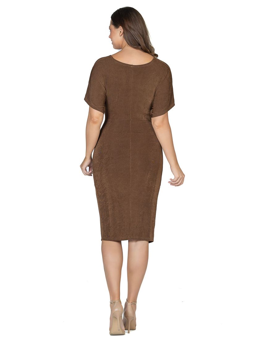 Short Sleeve V Neck Twist Front Split Hem Dress