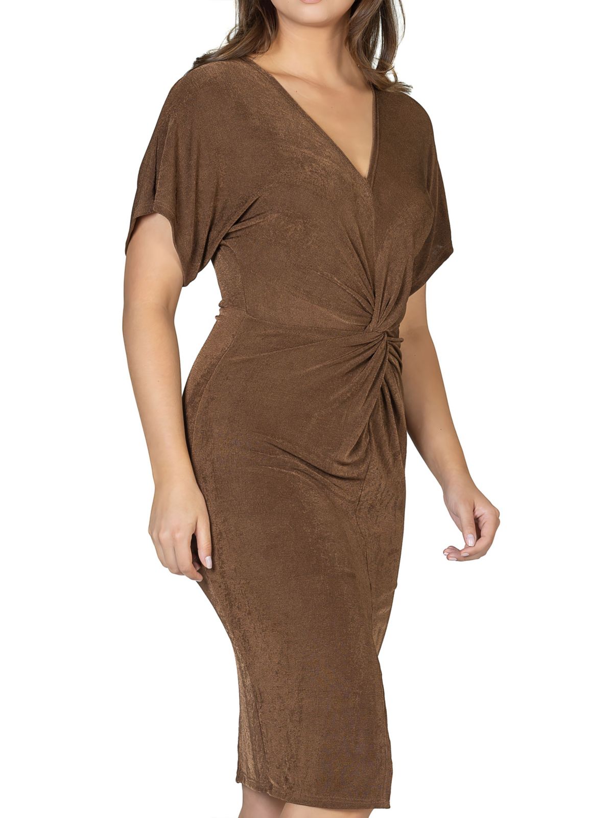 Short Sleeve V Neck Twist Front Split Hem Dress