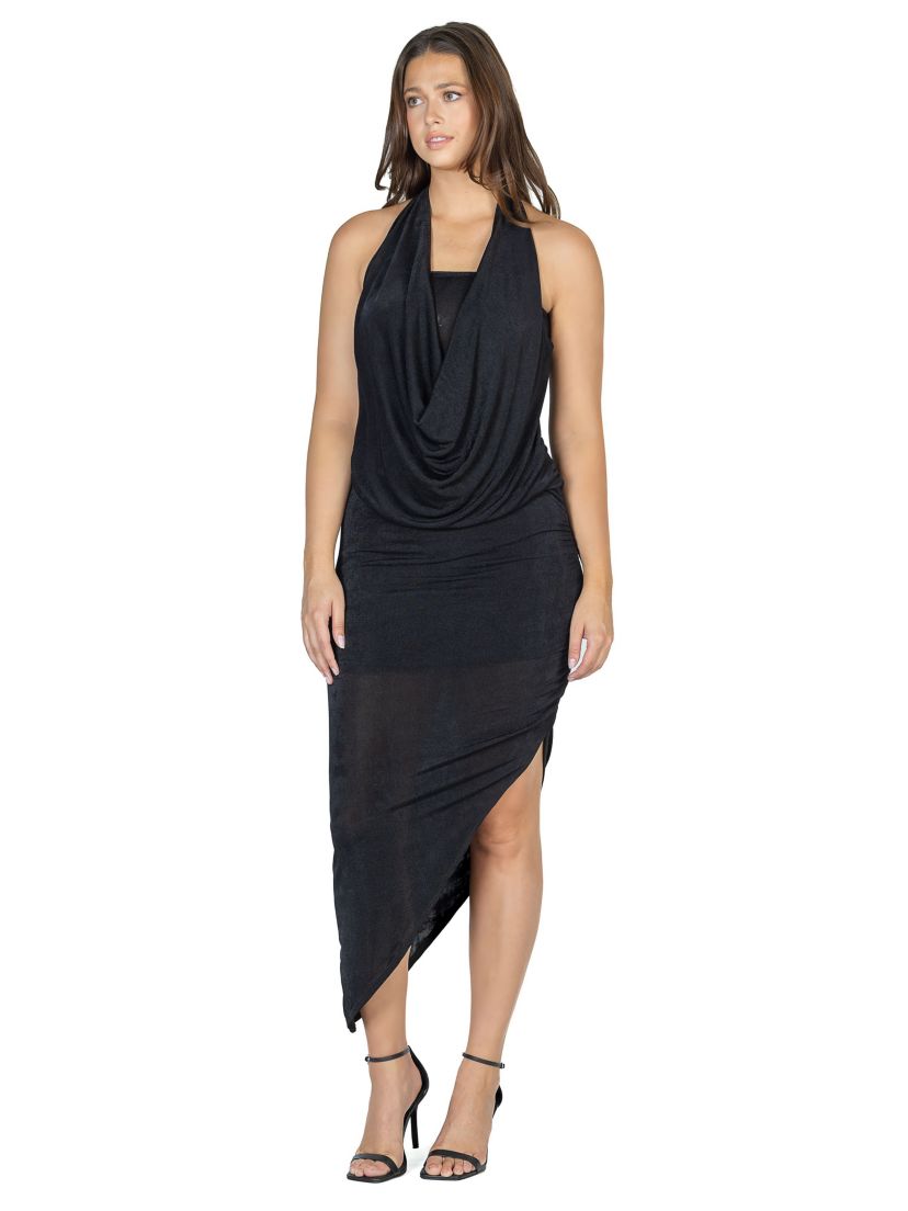 Cowl Neck Long Asymmetrical Backless Halter Dress