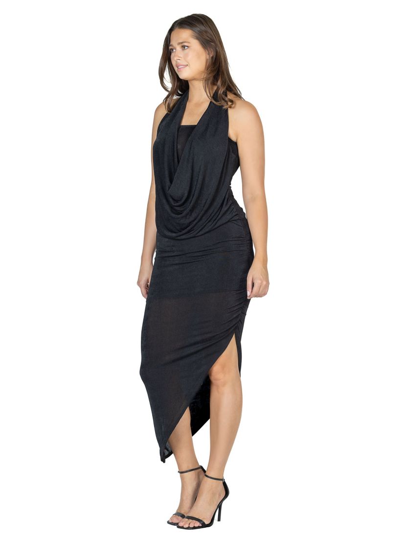Cowl Neck Long Asymmetrical Backless Halter Dress