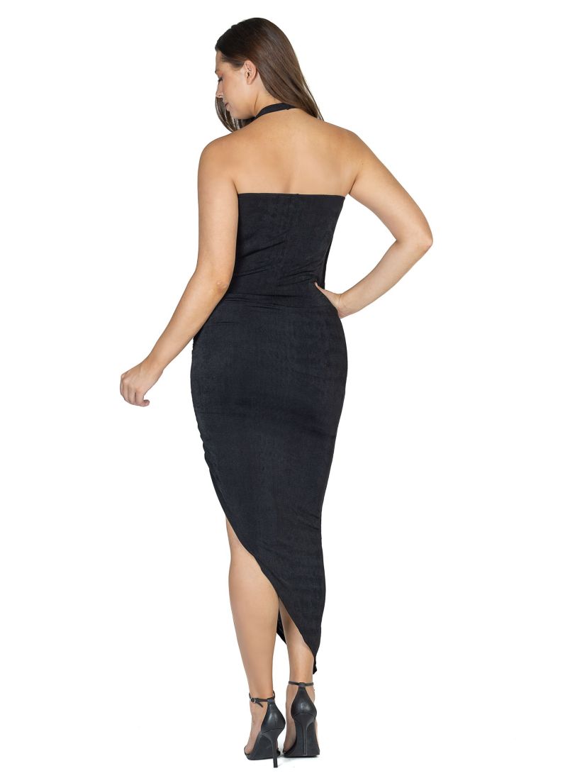 Cowl Neck Long Asymmetrical Backless Halter Dress