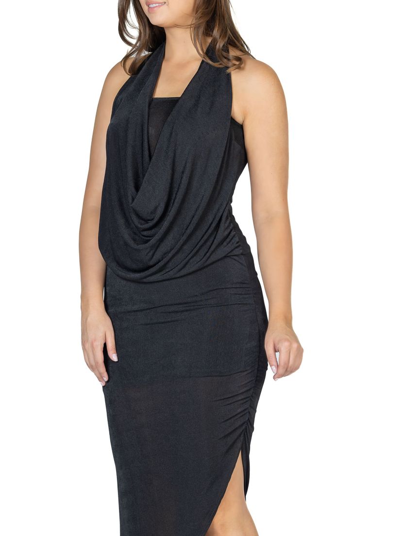 Cowl Neck Long Asymmetrical Backless Halter Dress