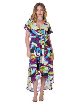 24seven Comfort Apparel Womens Colorful Floral V Neck Belted High Low Faux Wrap Dress