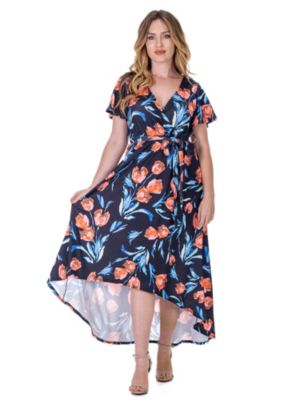 24seven Comfort Apparel Womens Black Floral V Neck Belted High Low Faux Wrap Dress, Orange, Large