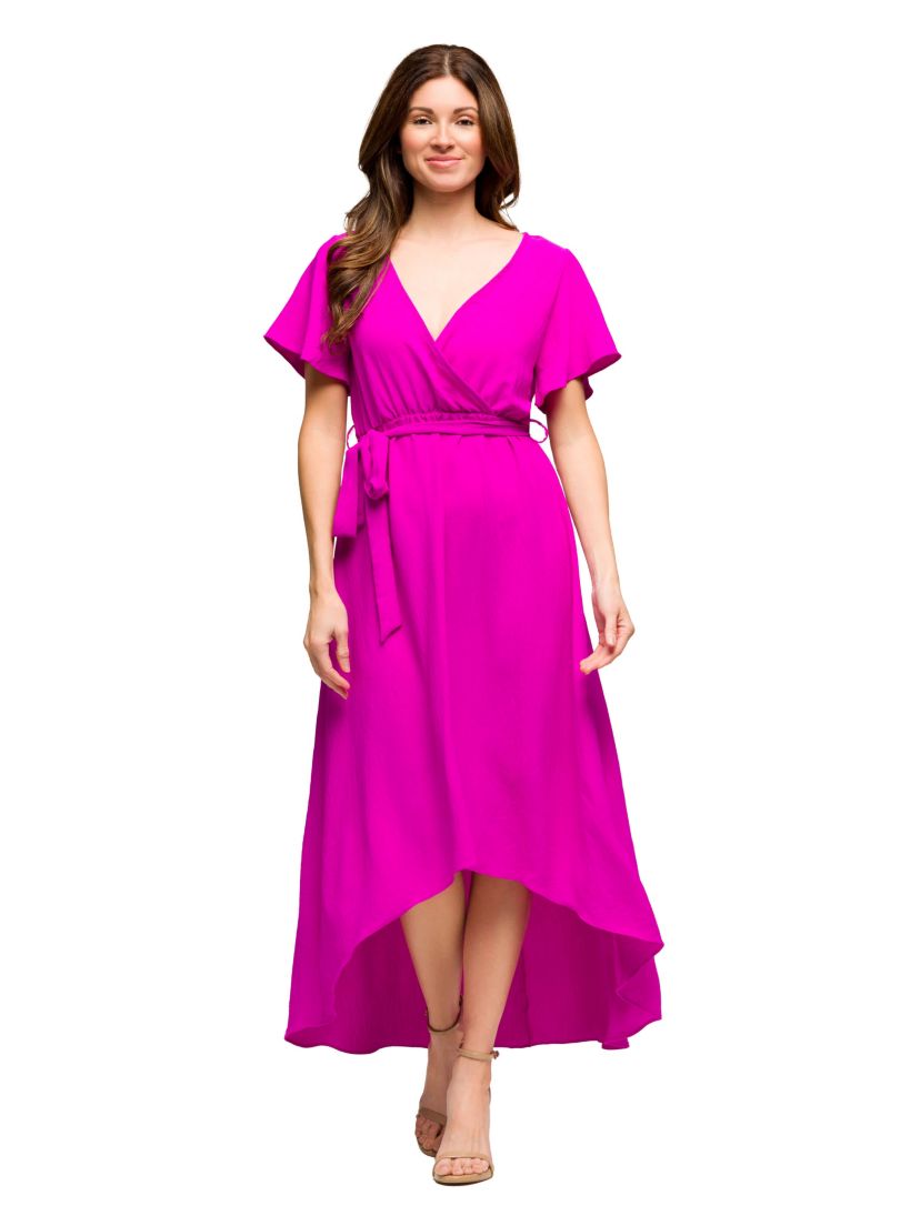 Womens V Neck Belted Faux Wrap High Low Dress