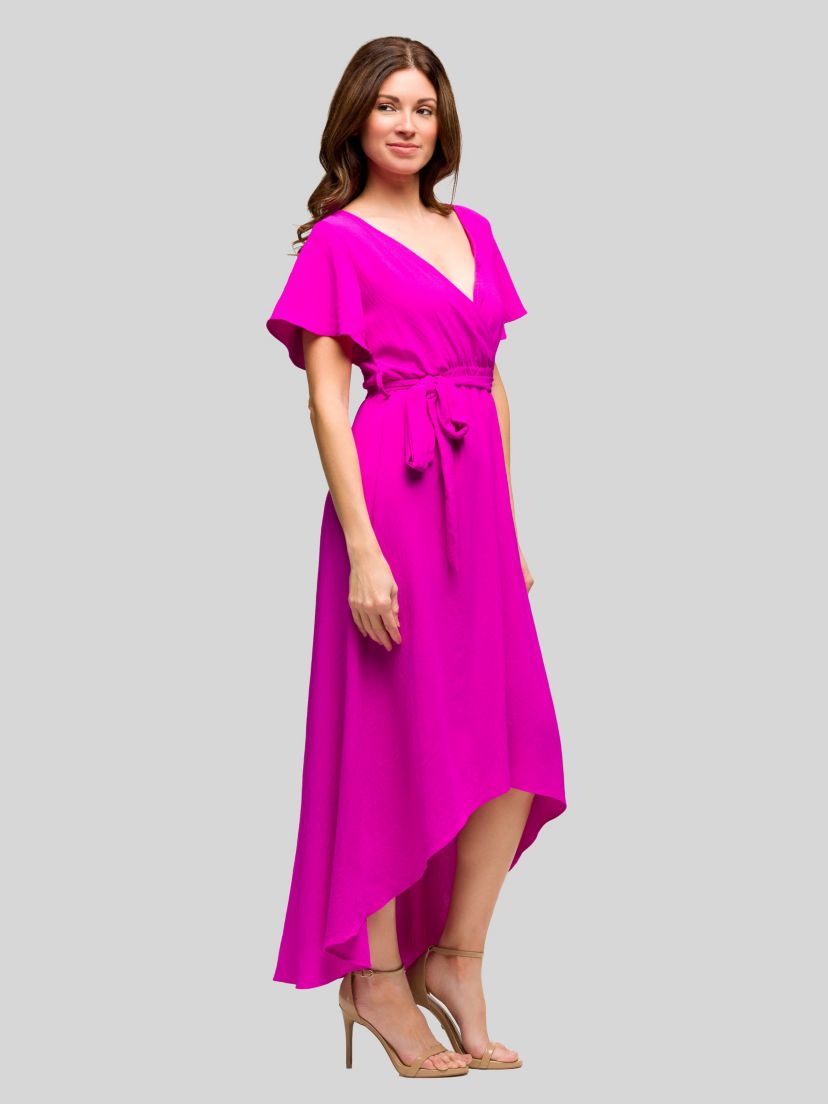 Womens V Neck Belted Faux Wrap High Low Dress
