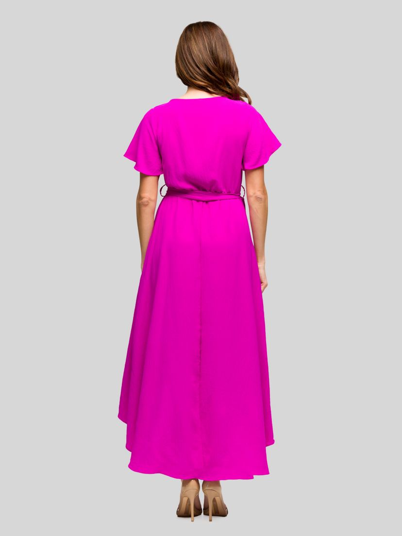 Womens V Neck Belted Faux Wrap High Low Dress