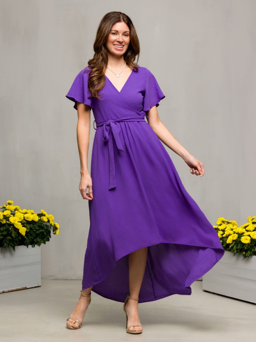 Womens V Neck Belted Faux Wrap High Low Dress
