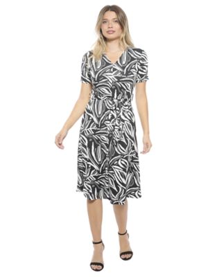 24seven Comfort Apparel Womens Abstract V Neck Short Sleeve A Line Midi Dress