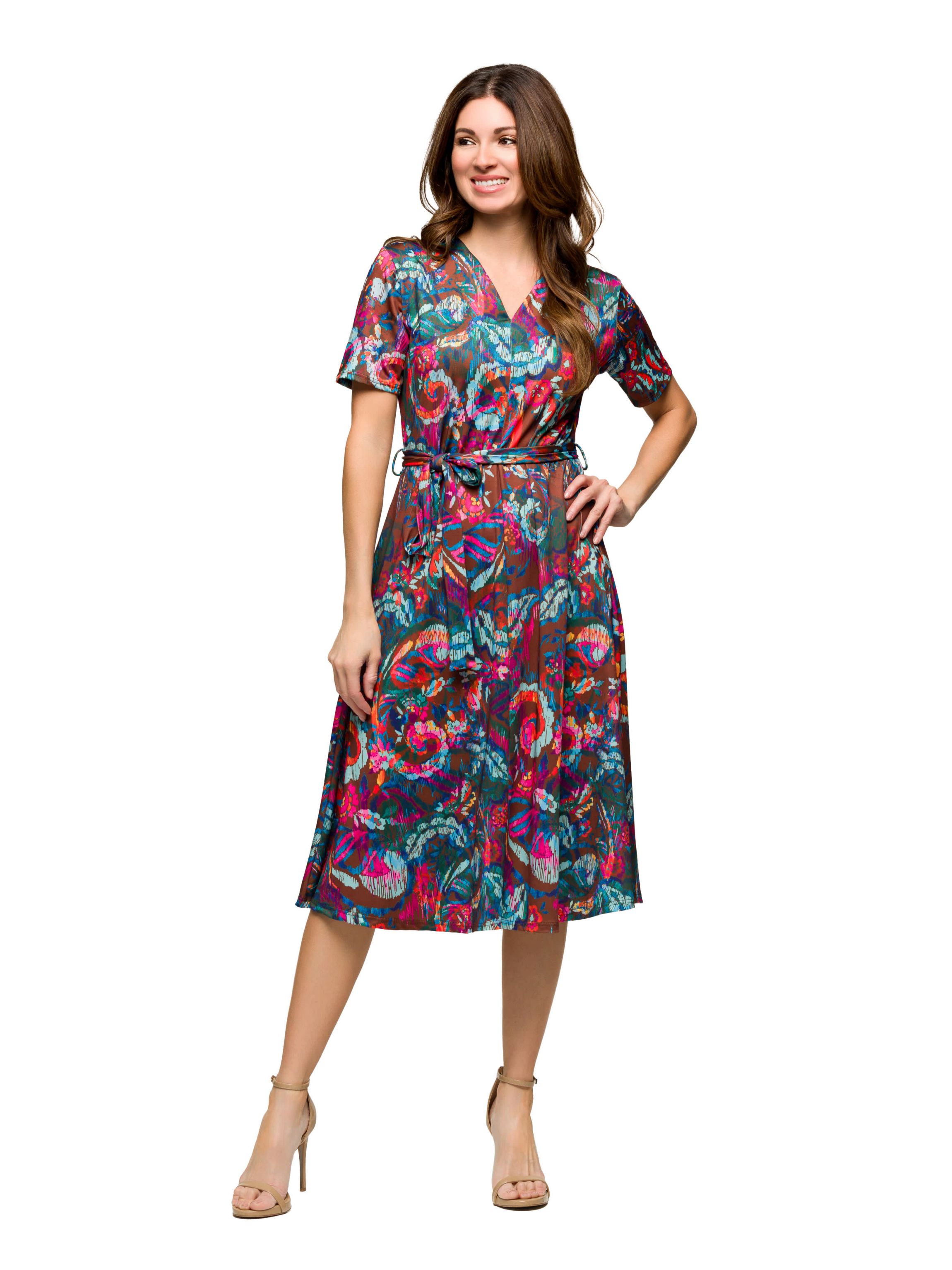 Womens Brown and Pink Print Short Sleeve Tie Waist Midi Dress