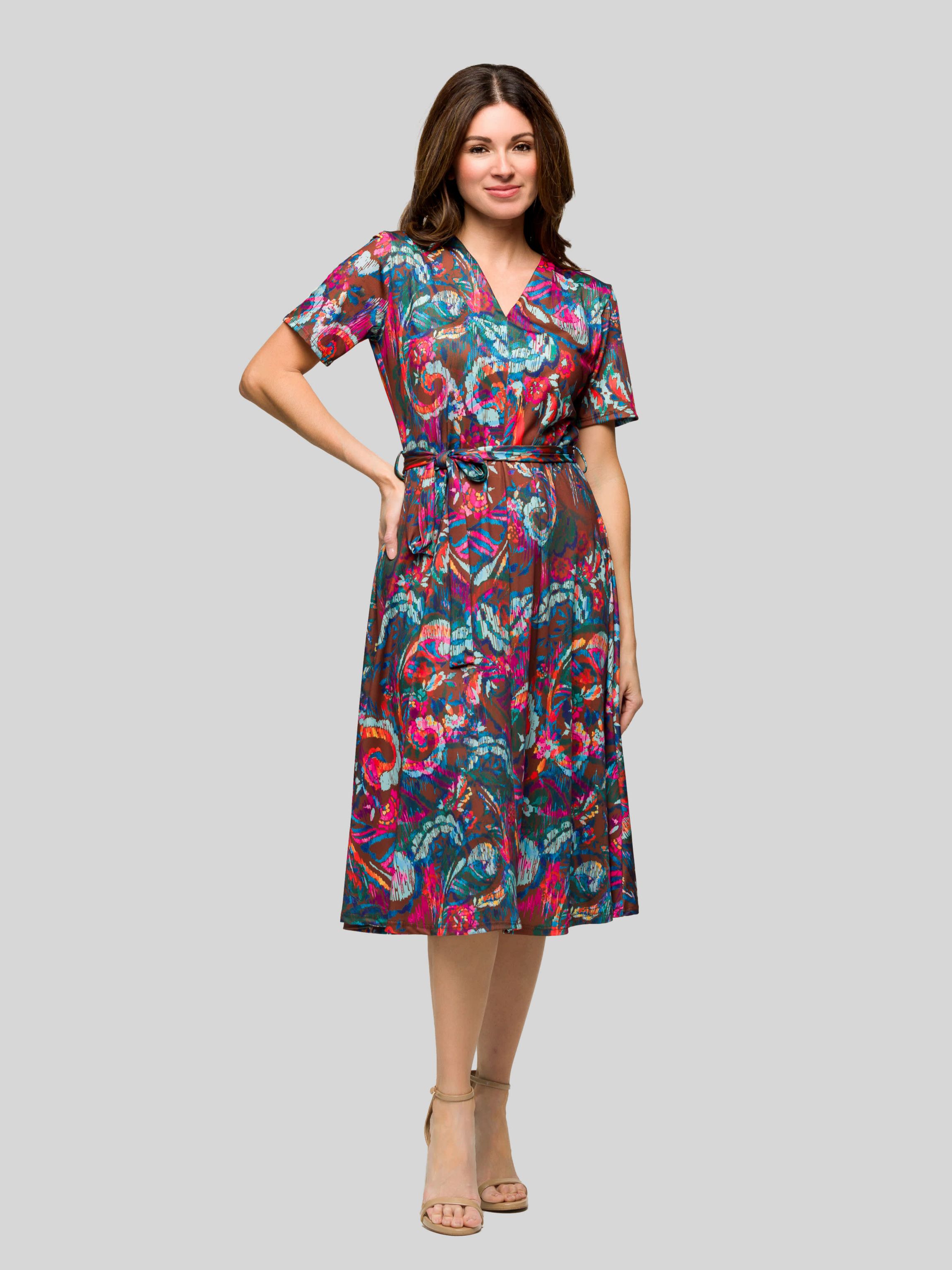 Womens Brown and Pink Print Short Sleeve Tie Waist Midi Dress