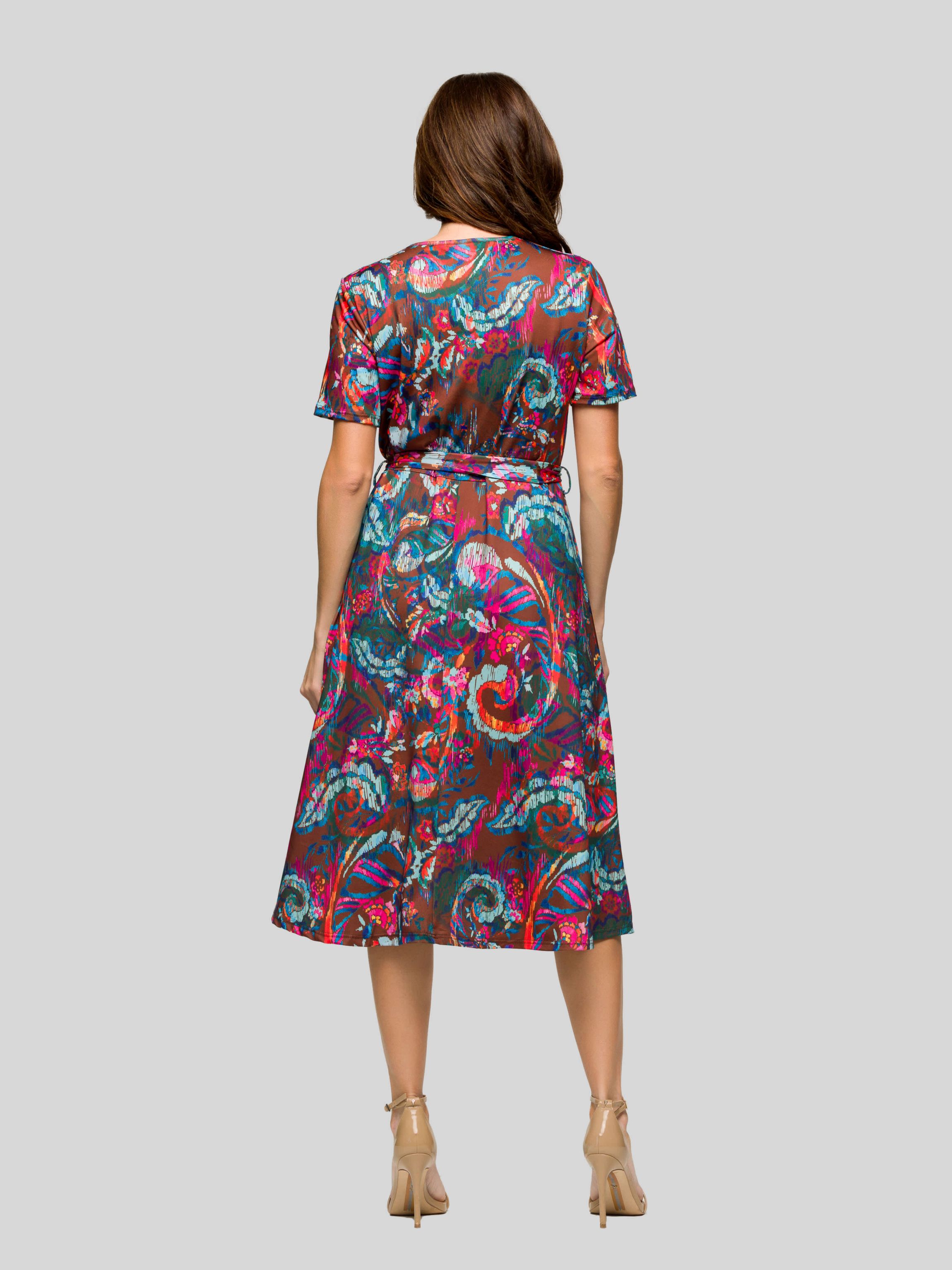 Womens Brown and Pink Print Short Sleeve Tie Waist Midi Dress