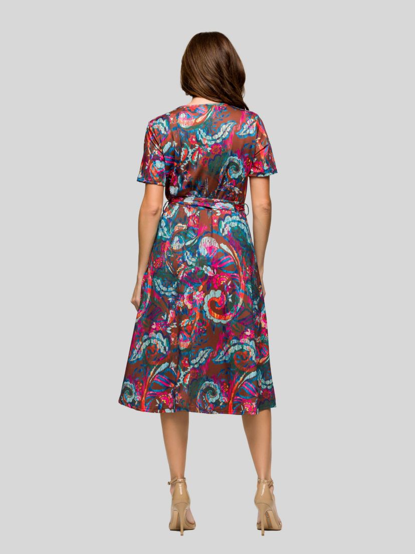 Womens Brown and Pink Print Short Sleeve Tie Waist Midi Dress