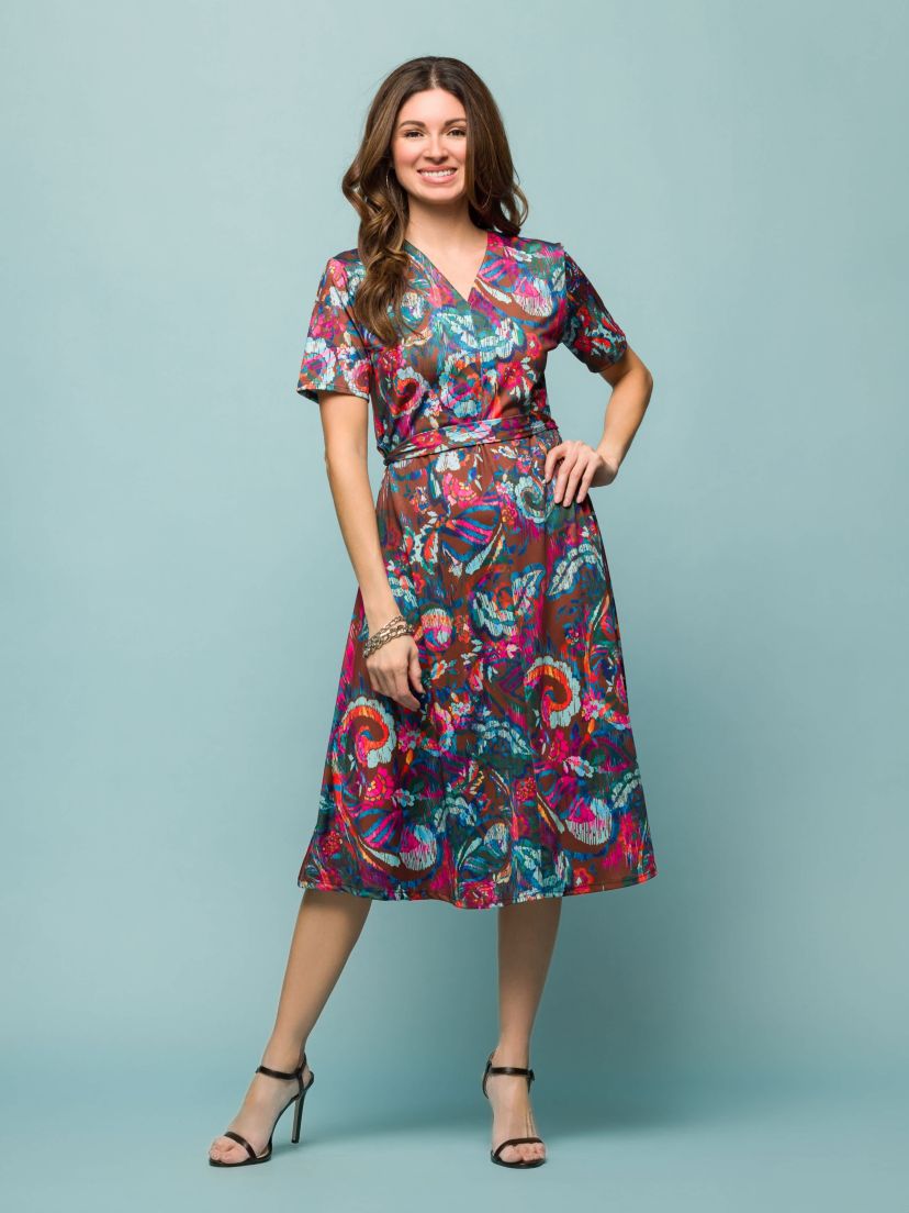 Womens Brown and Pink Print Short Sleeve Tie Waist Midi Dress