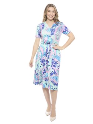 24seven Comfort Apparel Womens Abstract V Neck Short Sleeve A Line Midi Dress