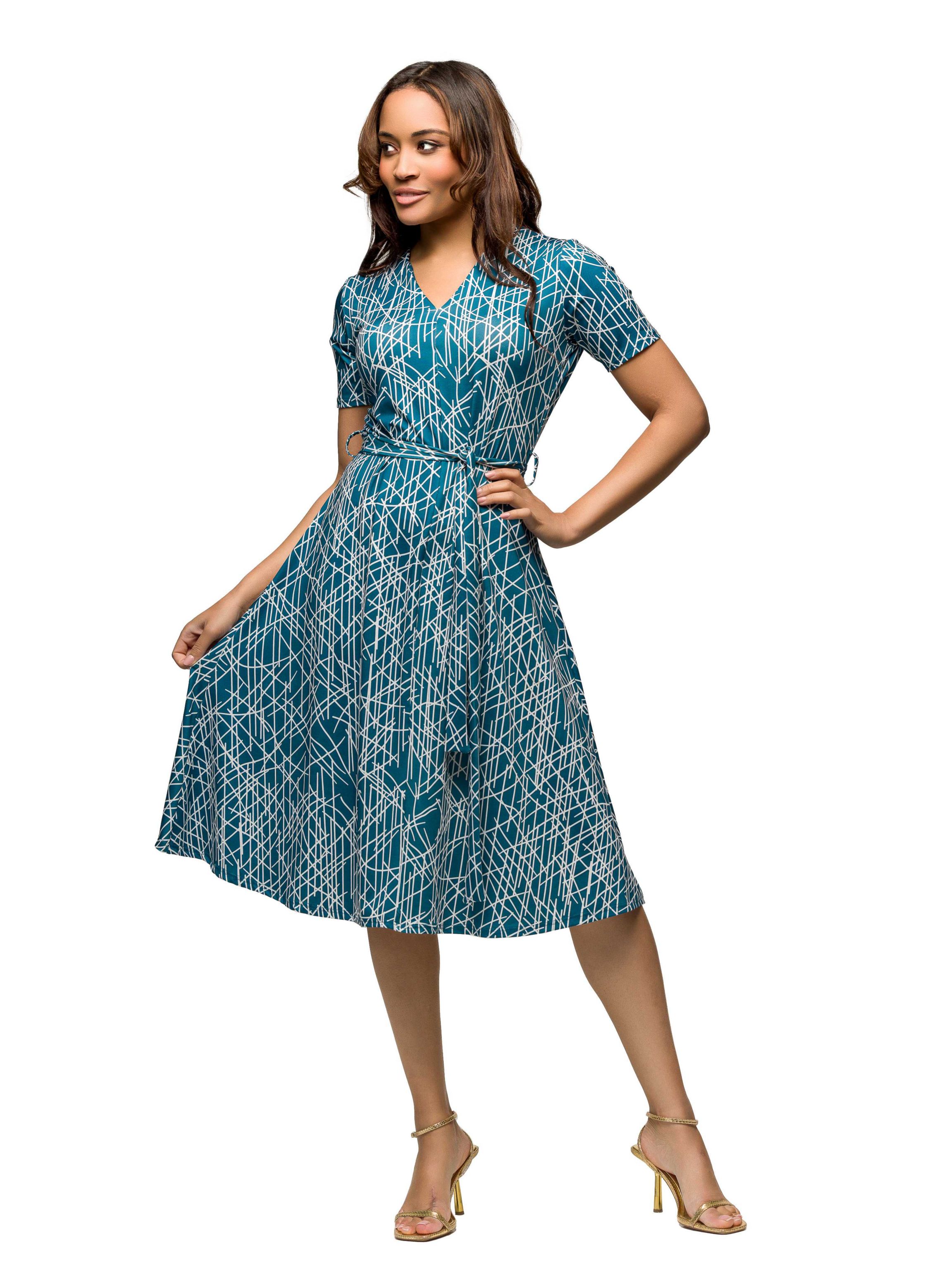 24seven Comfort Apparel Womens Teal Print Short Sleeve Tie Waist Midi Dress  | Belk