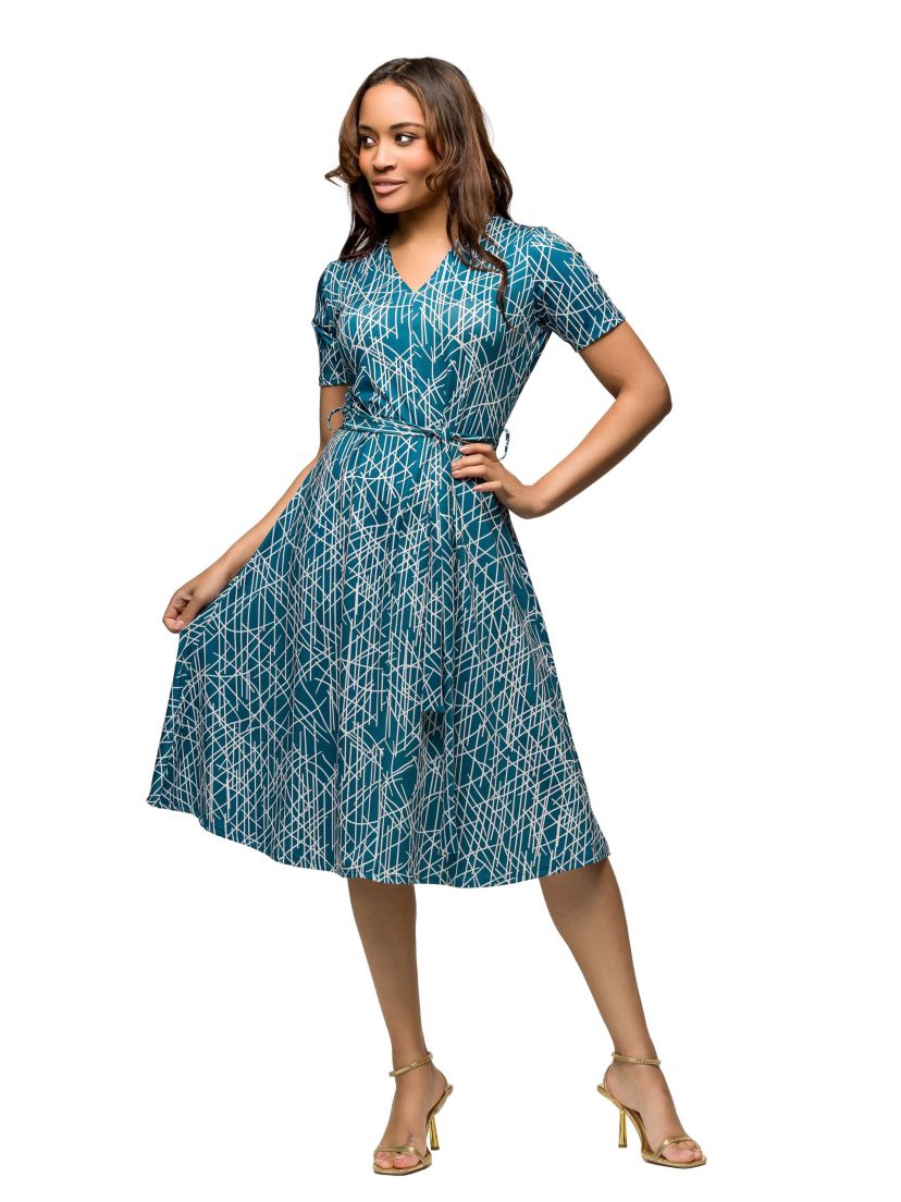 Womens Teal Print Short Sleeve Tie Waist Midi Dress
