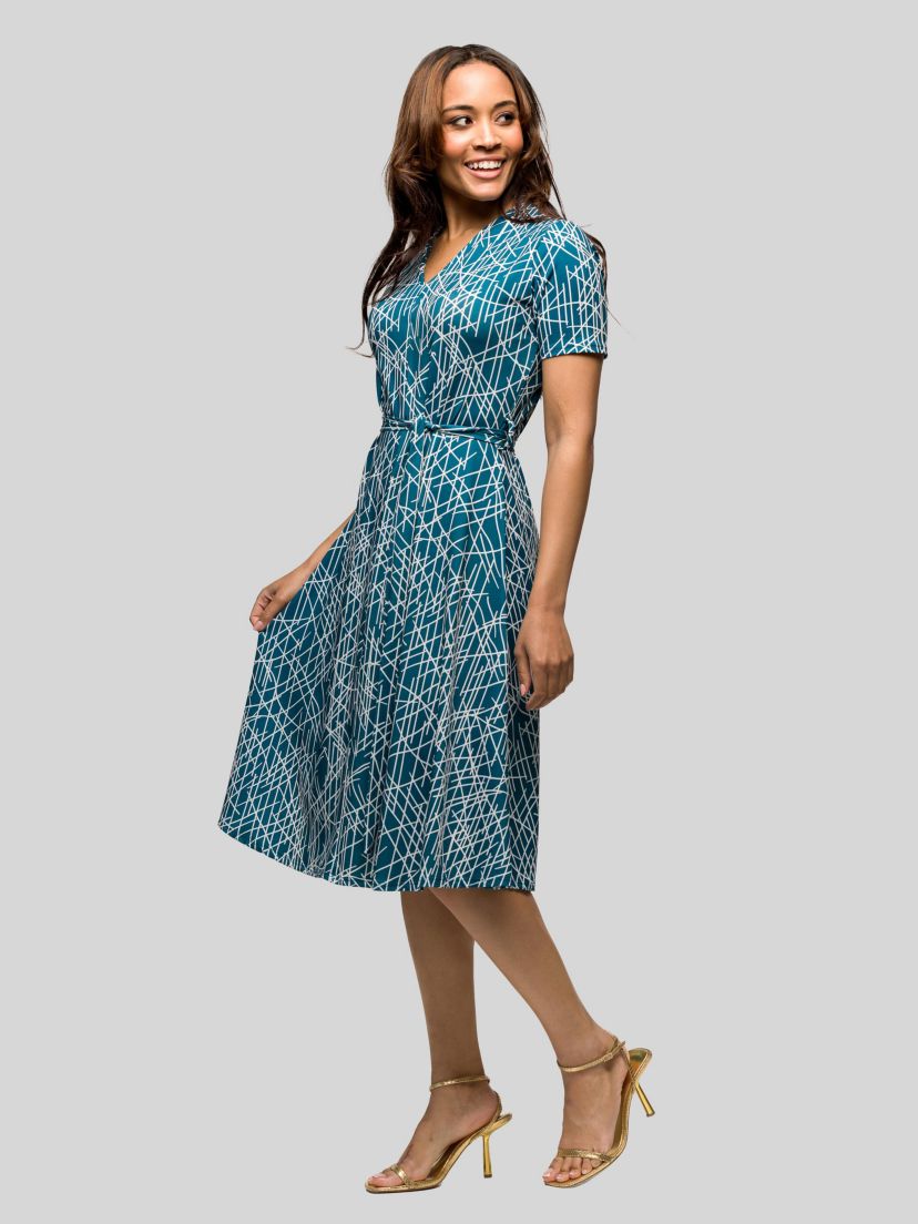 Womens Teal Print Short Sleeve Tie Waist Midi Dress