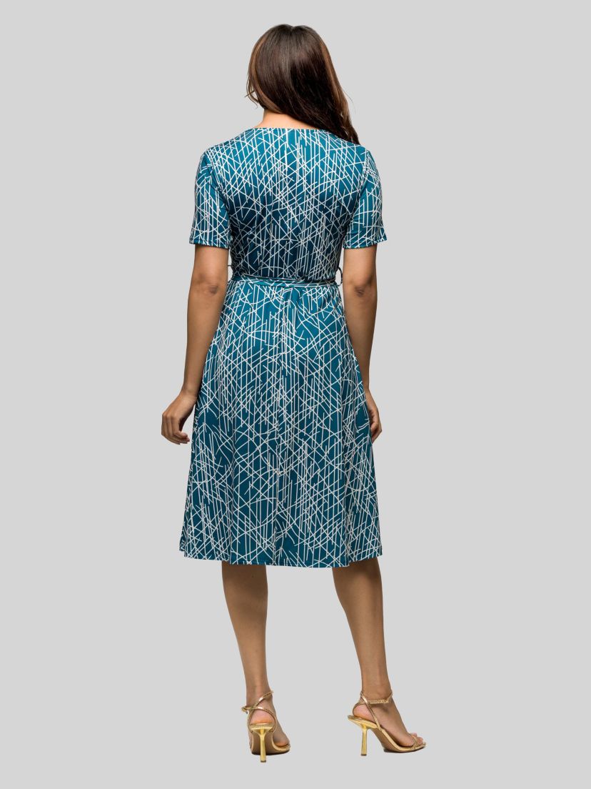 Womens Teal Print Short Sleeve Tie Waist Midi Dress