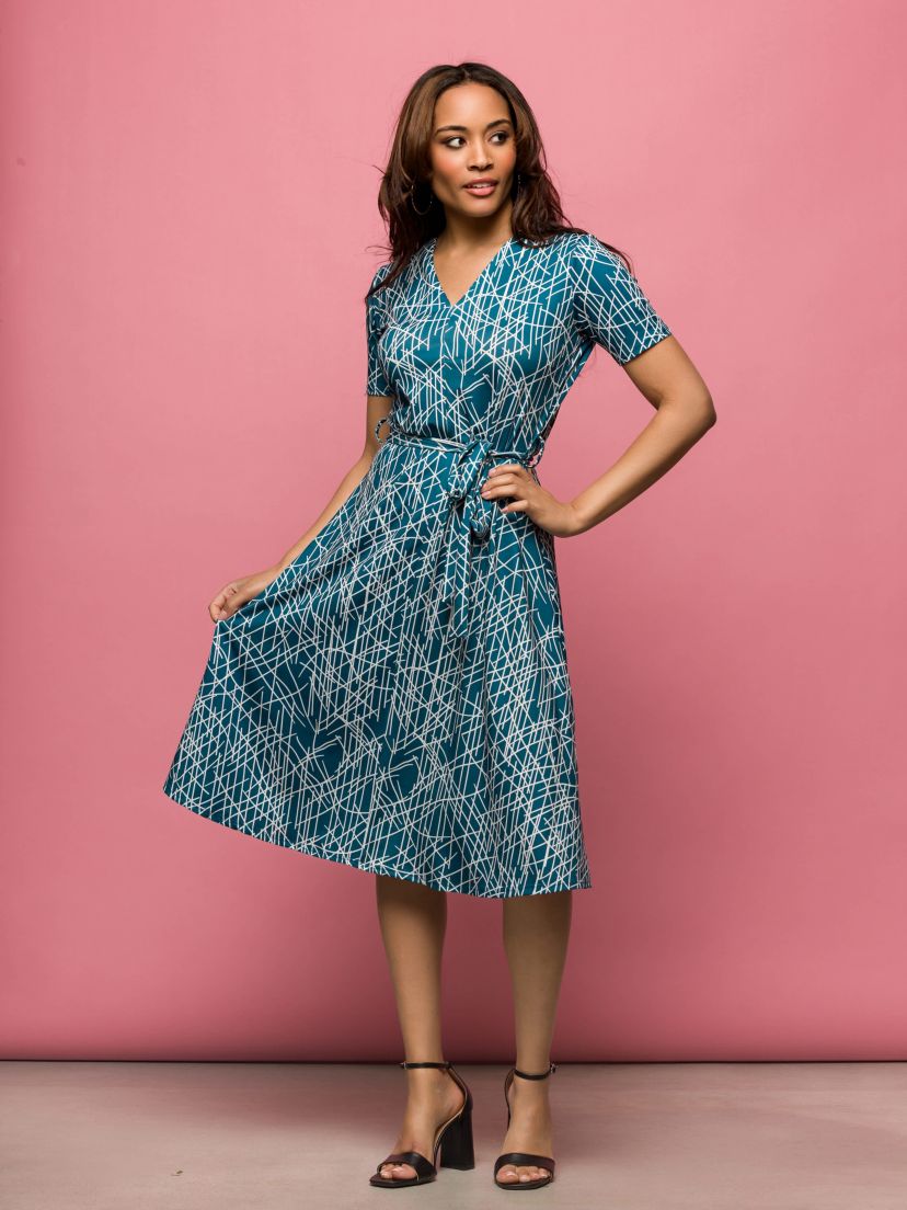 Womens Teal Print Short Sleeve Tie Waist Midi Dress
