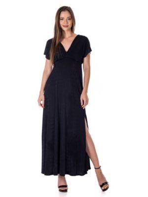 24seven Comfort Apparel Womens Flutter Sleeve Metallic Knit Maxi Dress Front Slit Empire Waist, Black, XL