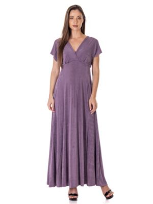 24seven Comfort Apparel Womens Flutter Sleeve Metallic Knit Maxi Dress Front Slit Empire Waist