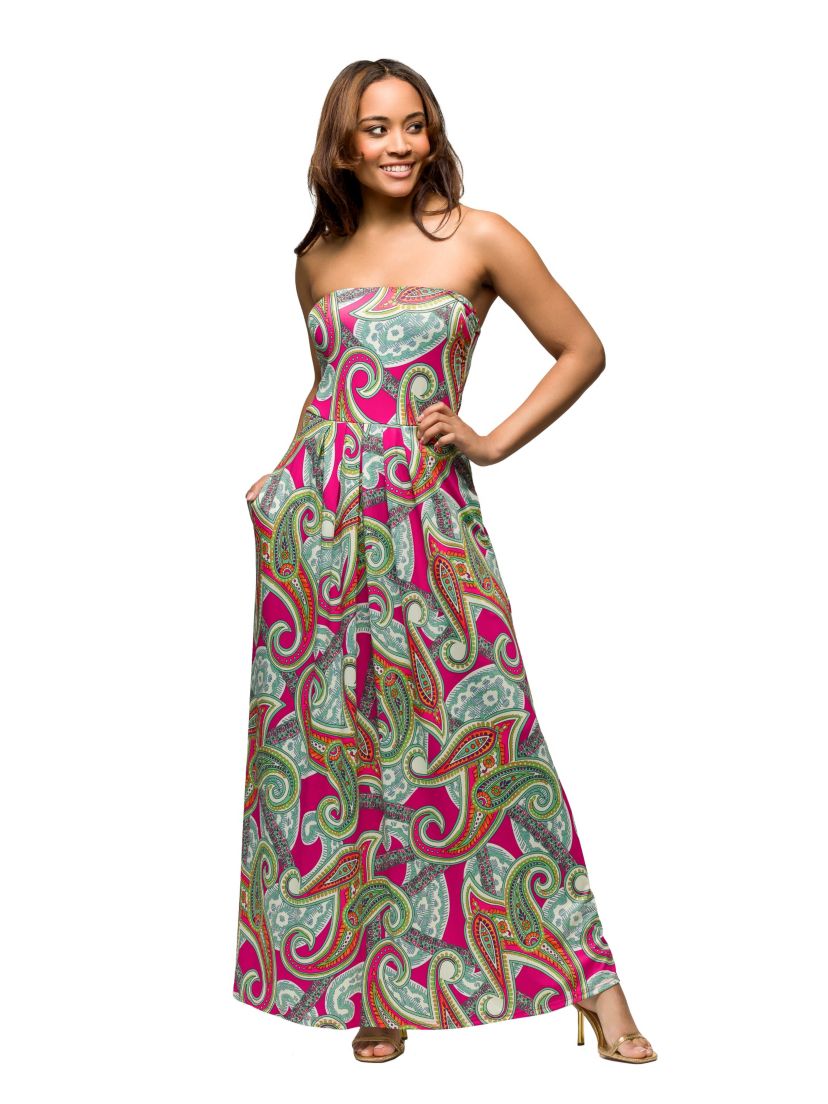 Womens Pink Paisley A Line Strapless Maxi Dress With Pockets