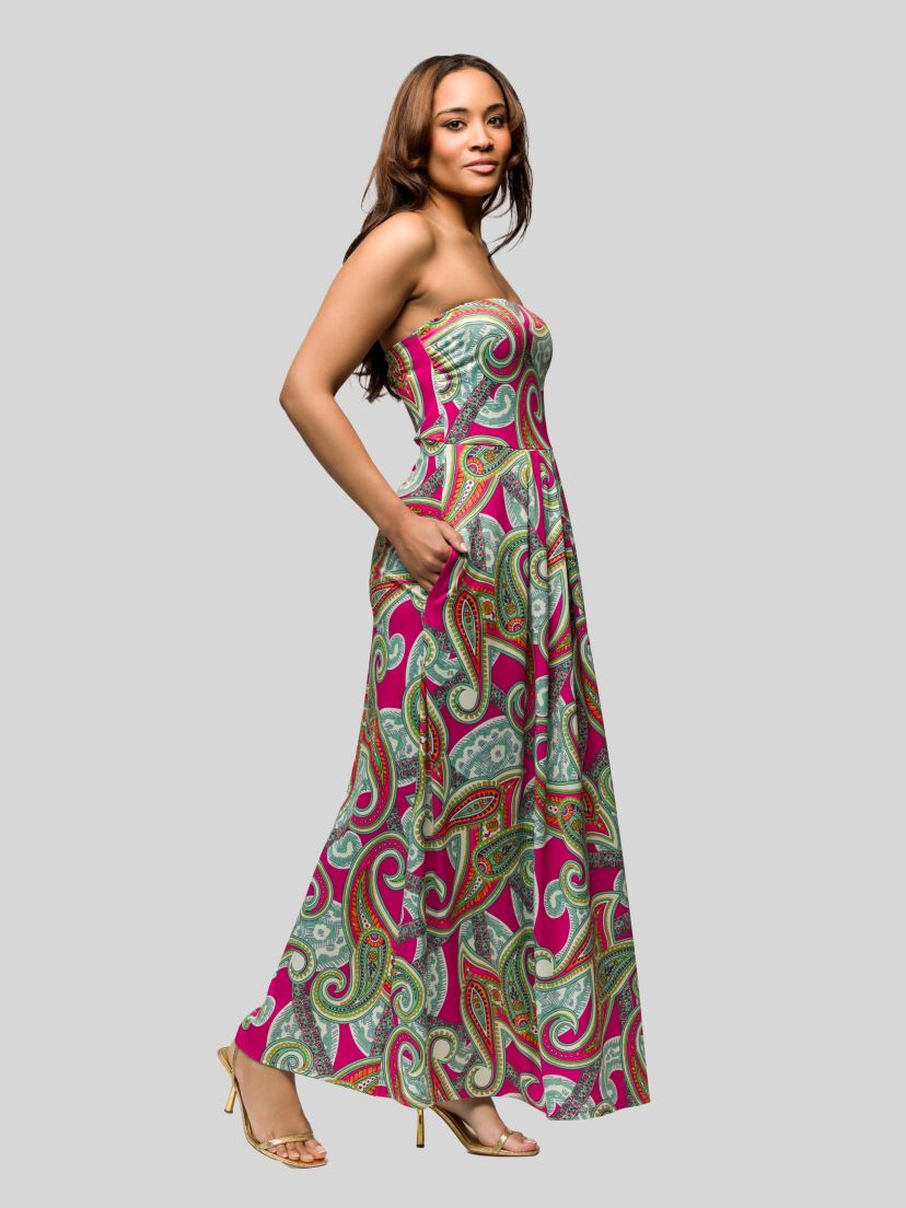 Womens Pink Paisley A Line Strapless Maxi Dress With Pockets