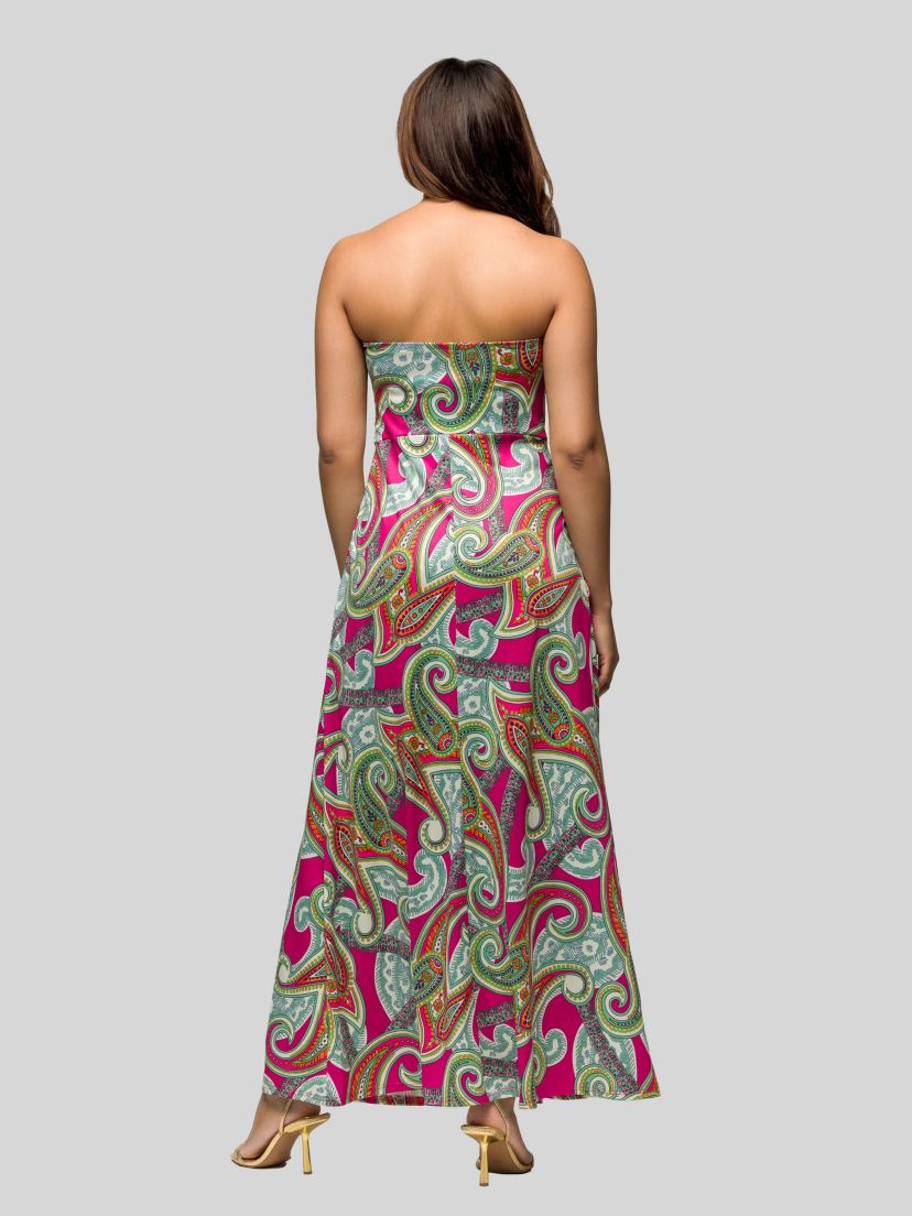 Womens Pink Paisley A Line Strapless Maxi Dress With Pockets